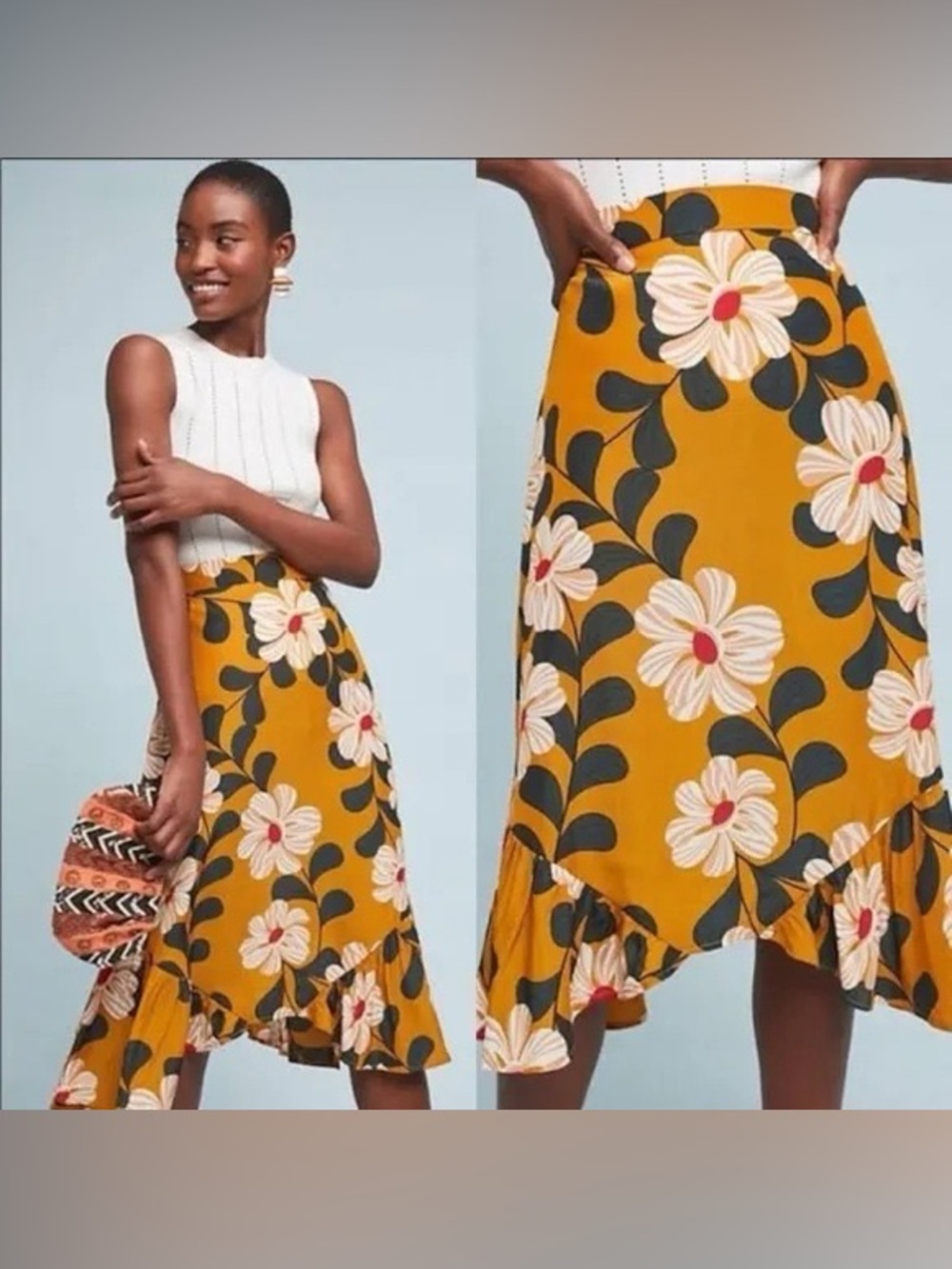 Anthropologie Eva Franco Ikebana Floral Midi Skirt Mustard Ruffle Cottagecore 8